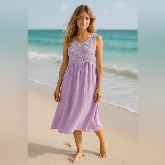 100% Lino Made in Italy Lilac Linen Midi Dress w/ Lace Top & Pockets - Picture 1 of 10
